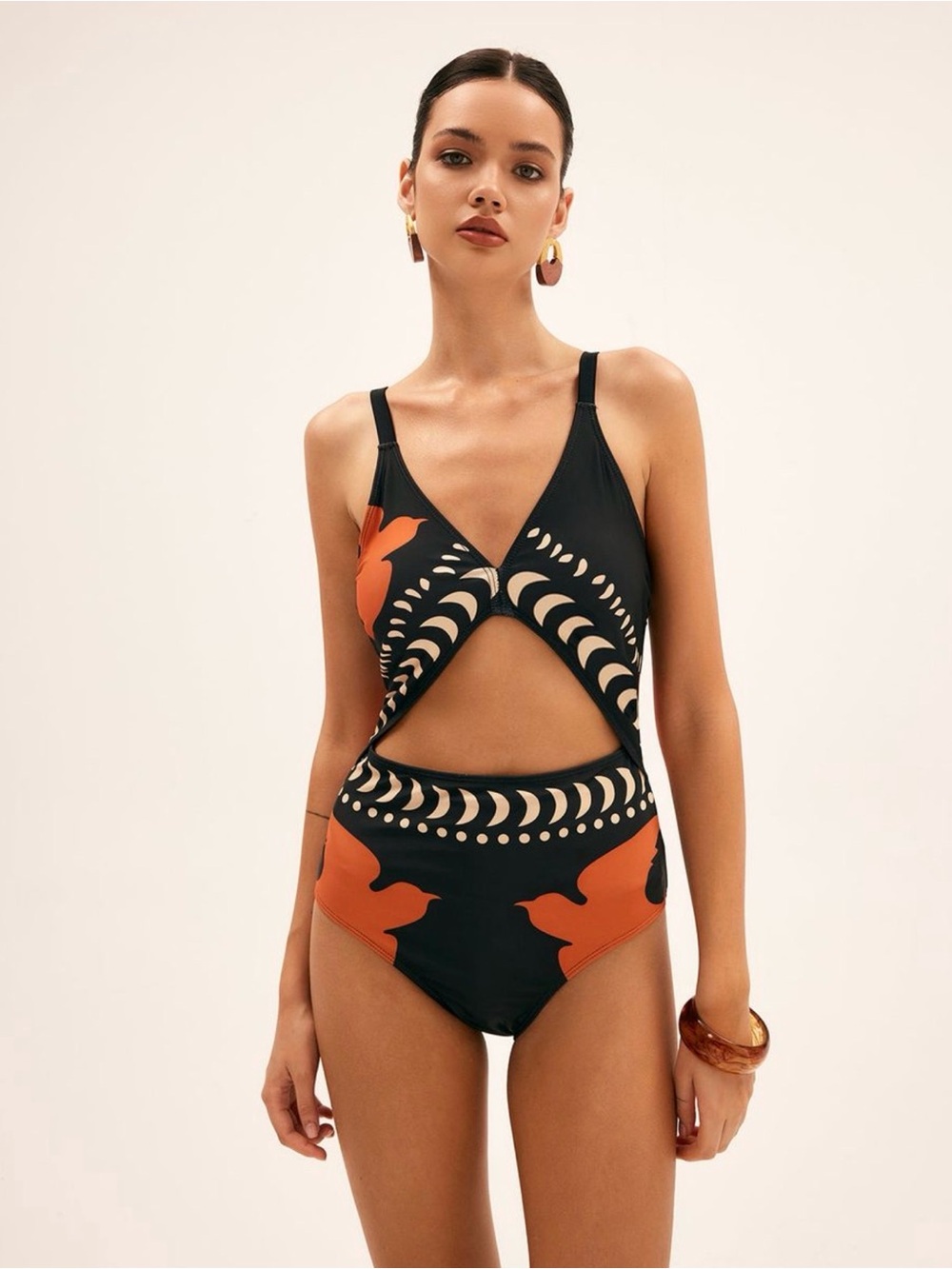 Commense Bird Print Cutout One Piece Swimsuit w/Matching Sarong Set - Picture 2 of 4